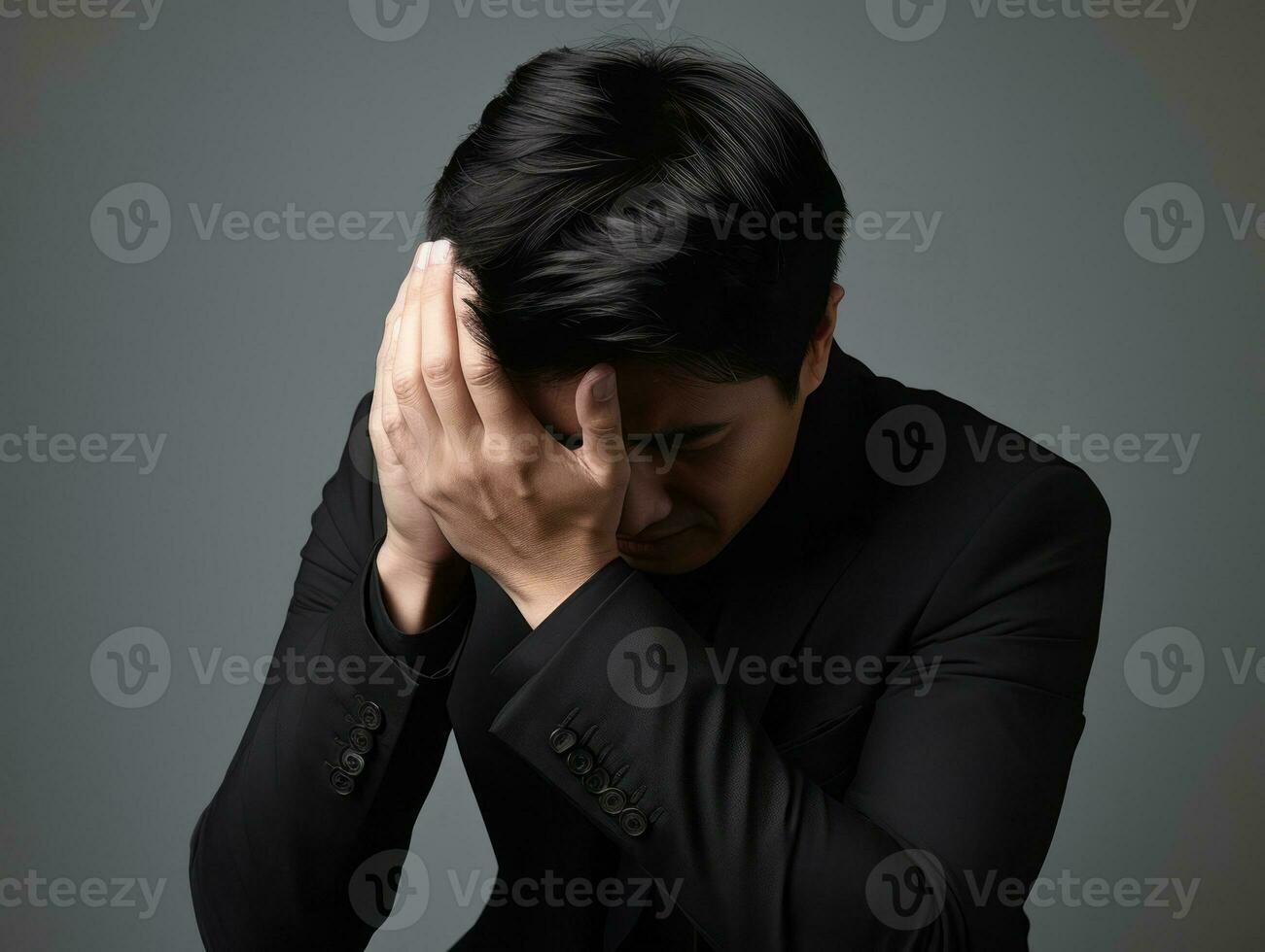 Asian man in emotional dynamic pose on solid background AI Generative photo