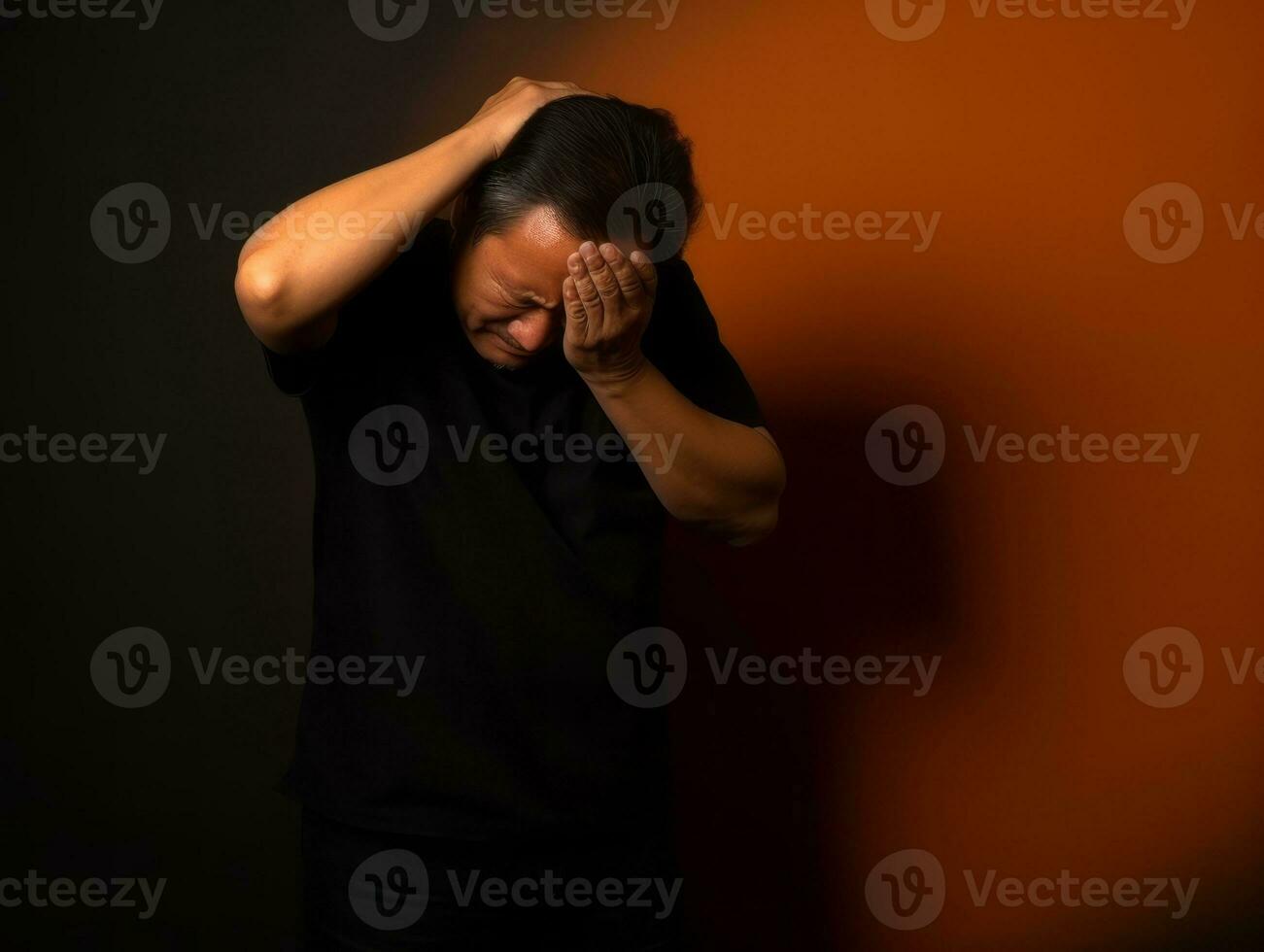 Asian man in emotional dynamic pose on solid background AI Generative photo