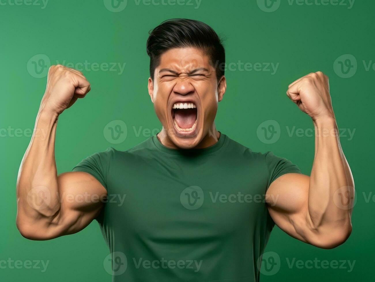 Asian man in emotional dynamic pose on solid background AI Generative photo