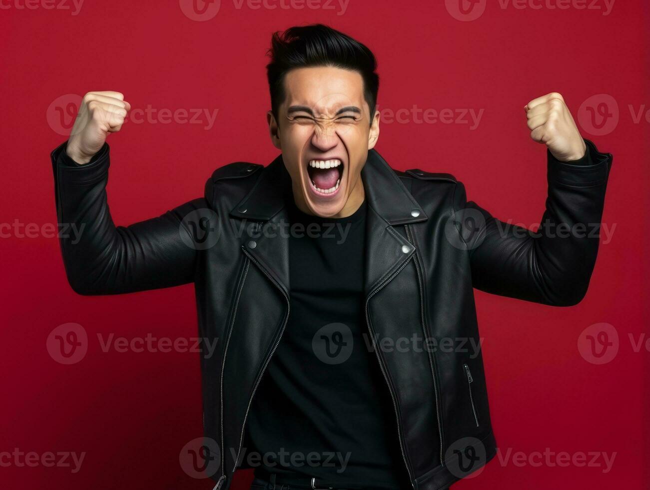 Asian man in emotional dynamic pose on solid background AI Generative photo