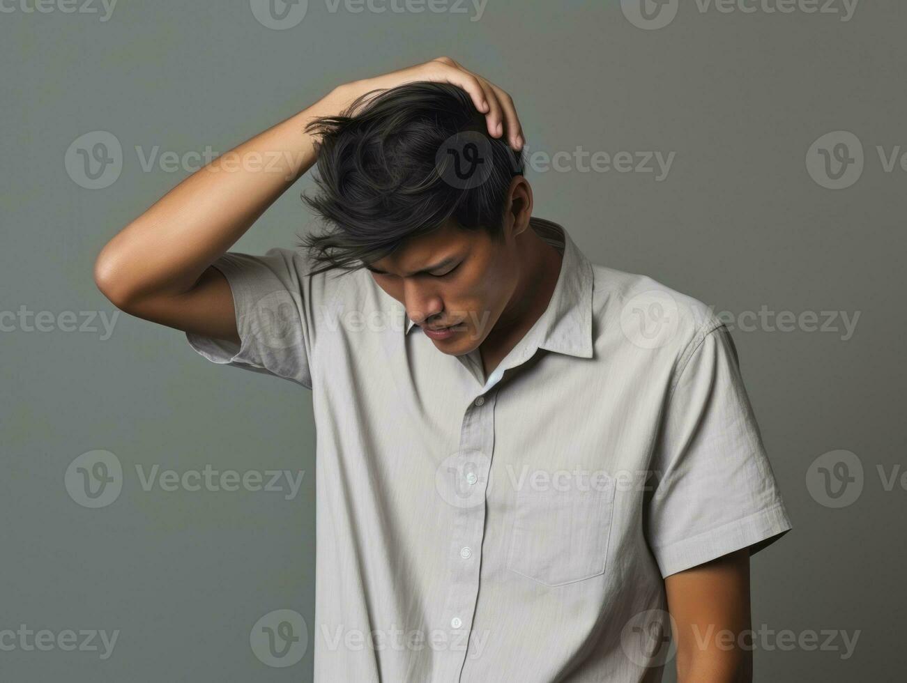 Asian man in emotional dynamic pose on solid background AI Generative photo