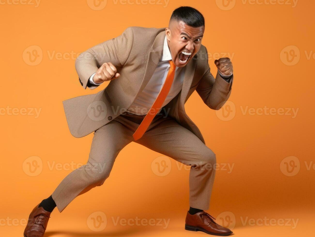 Asian man in emotional dynamic pose on solid background AI Generative photo