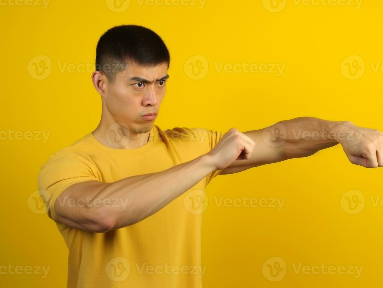 Asian man in emotional dynamic pose on solid background AI Generative photo