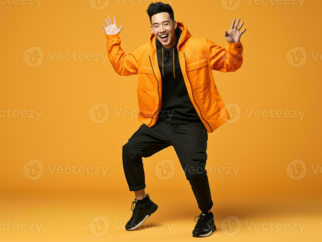 Asian man in emotional dynamic pose on solid background AI Generative photo