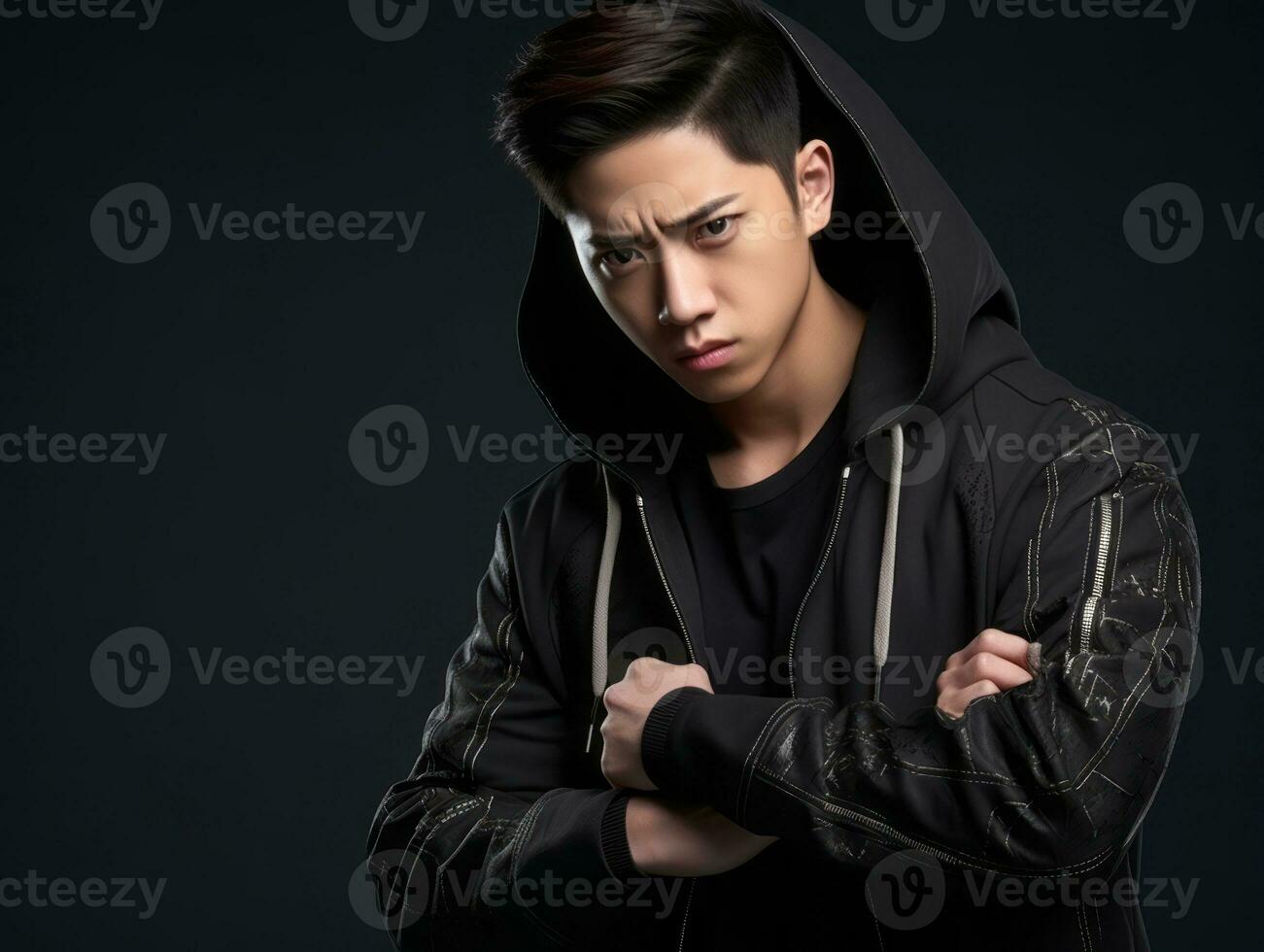 Asian man in emotional dynamic pose on solid background AI Generative photo