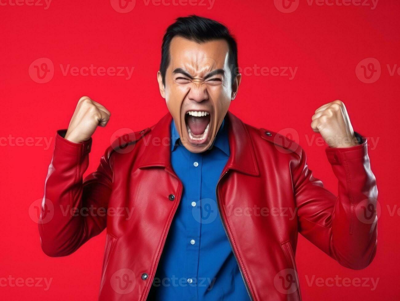 Asian man in emotional dynamic pose on solid background AI Generative photo