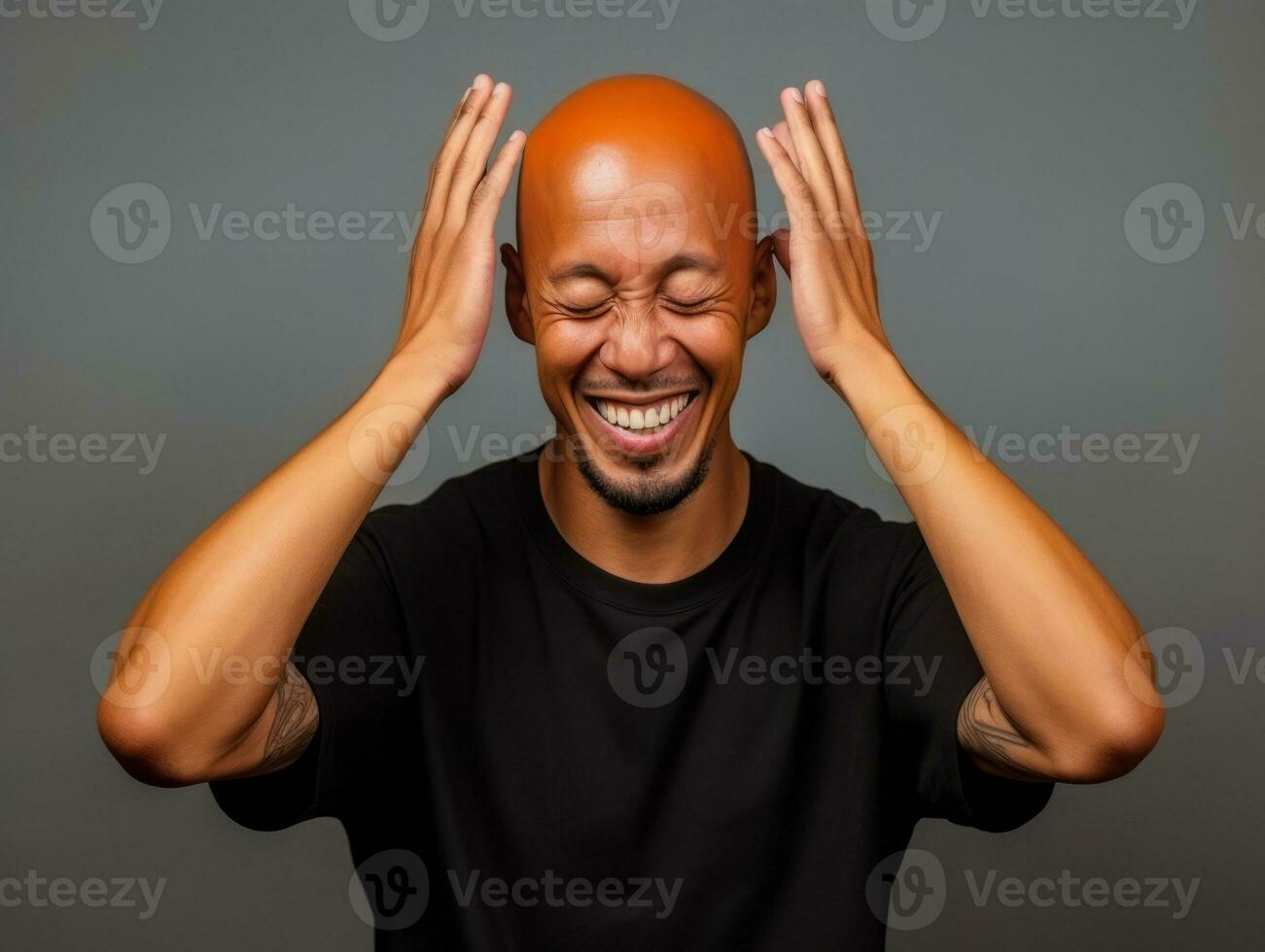 Asian man in emotional dynamic pose on solid background AI Generative photo