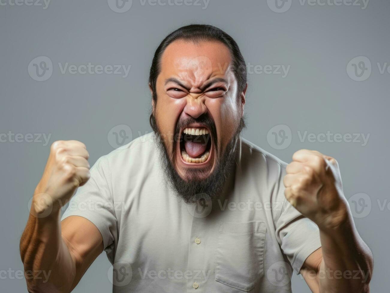 Asian man in emotional dynamic pose on solid background AI Generative photo
