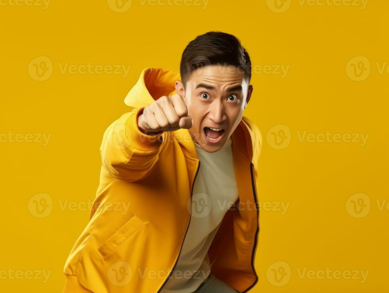 Asian man in emotional dynamic pose on solid background AI Generative photo