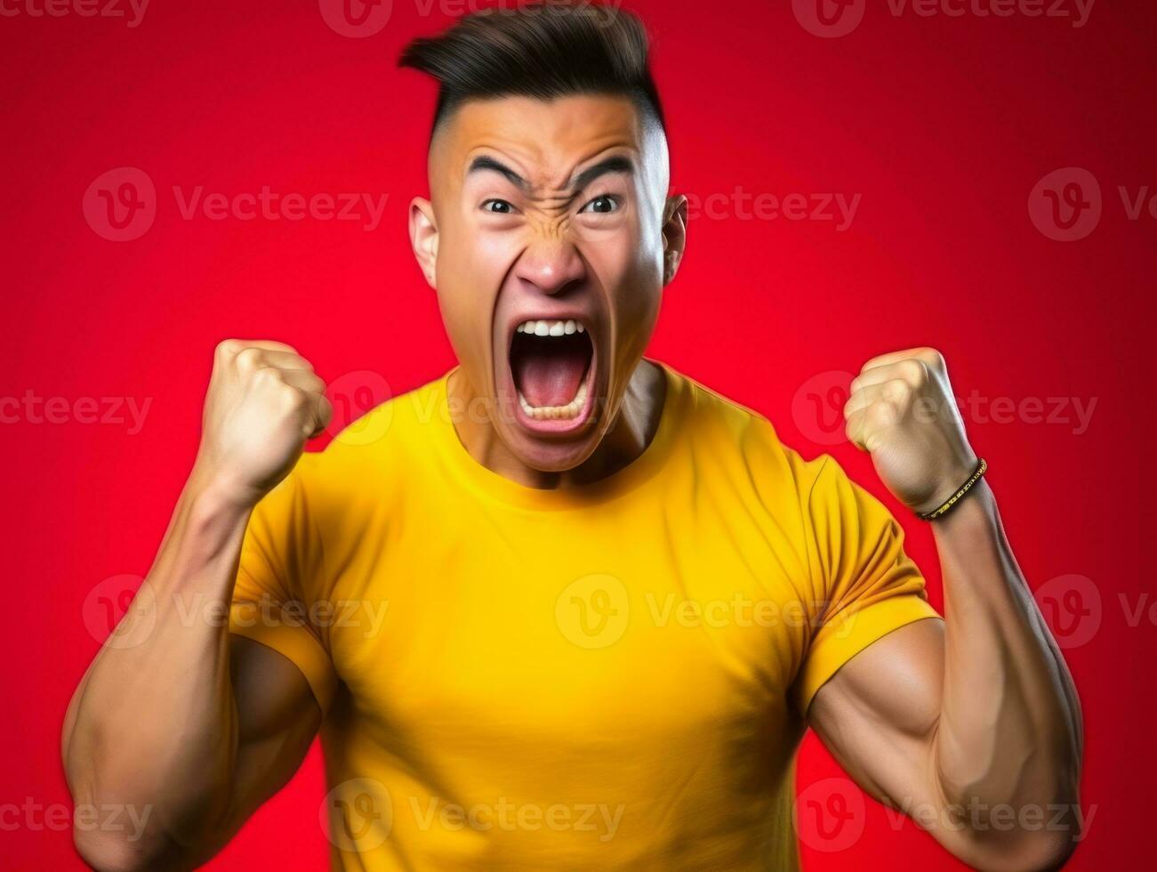 Asian man in emotional dynamic pose on solid background AI Generative photo
