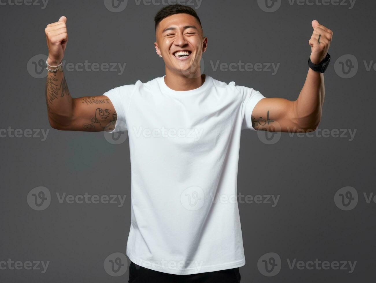 Asian man in emotional dynamic pose on solid background AI Generative photo