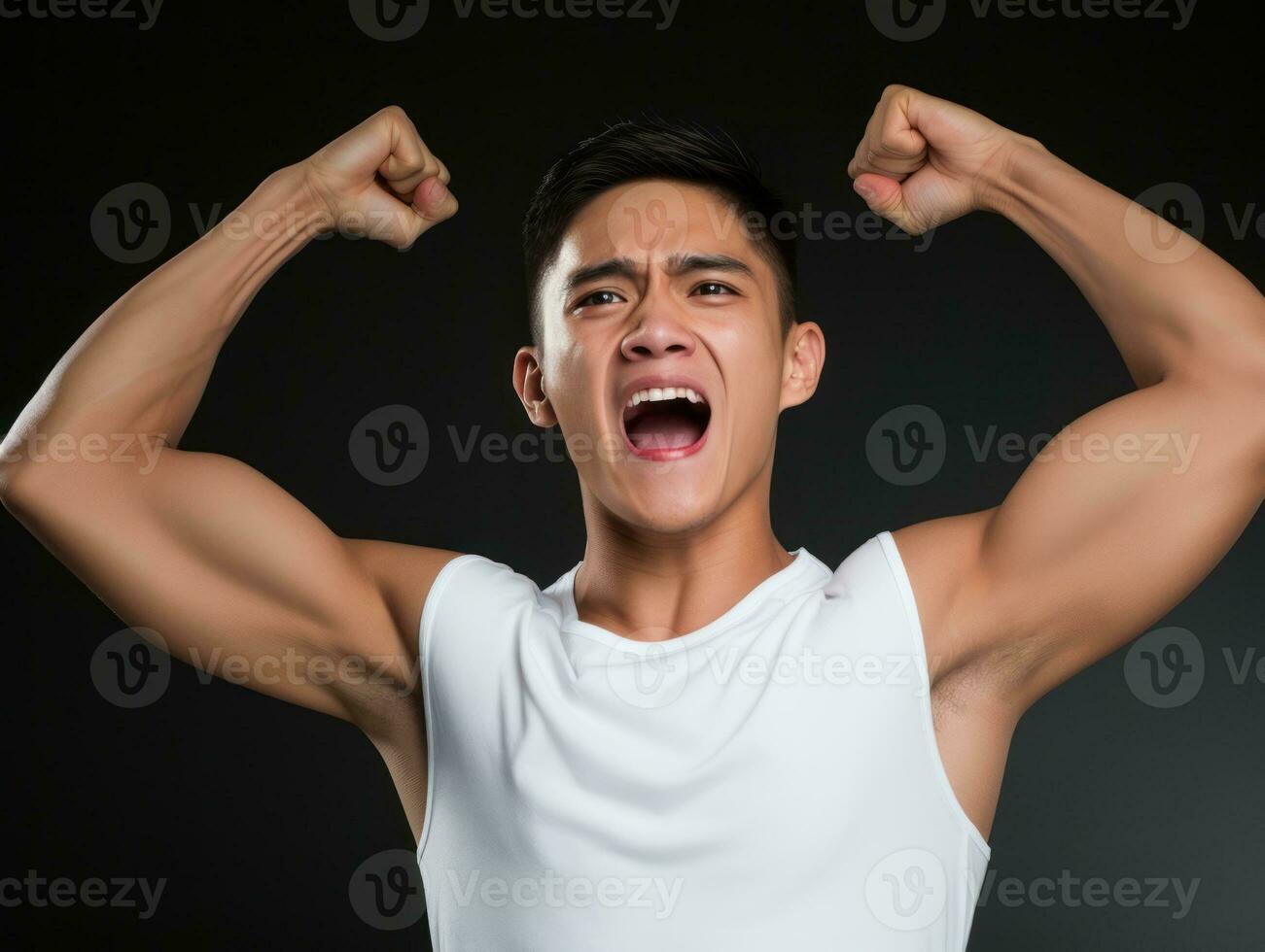 Asian man in emotional dynamic pose on solid background AI Generative photo