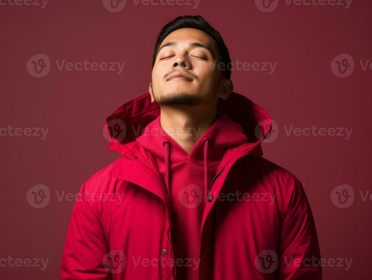 Asian man in emotional dynamic pose on solid background AI Generative photo