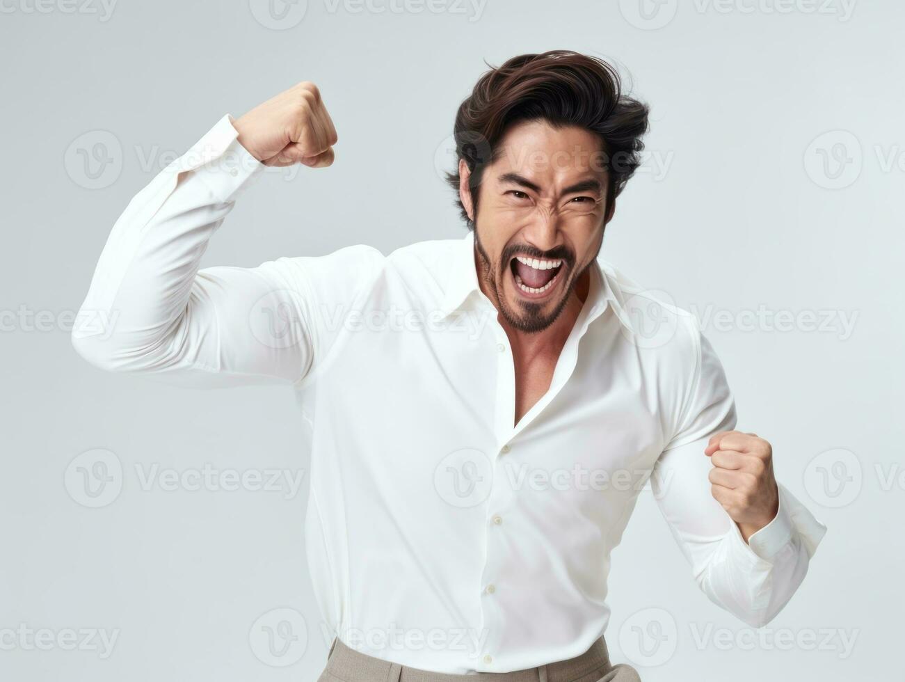 Asian man in emotional dynamic pose on white background AI Generative photo