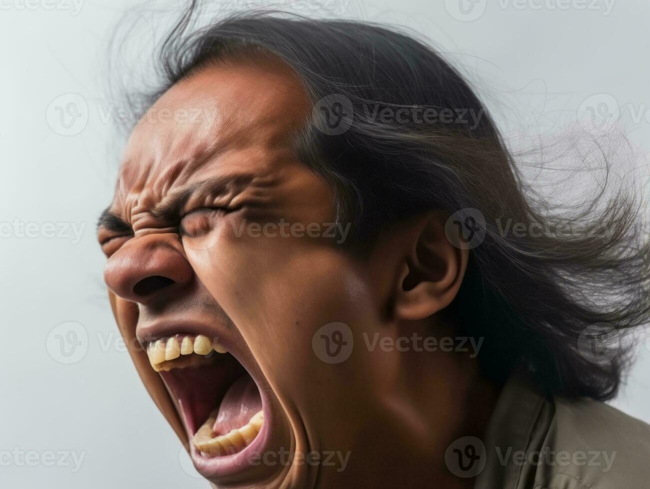 Asian man in emotional dynamic pose on white background AI Generative photo
