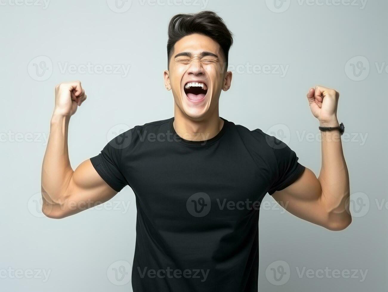 Asian man in emotional dynamic pose on white background AI Generative photo