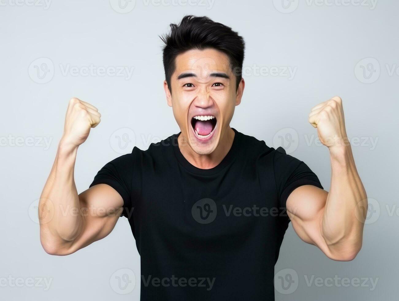 Asian man in emotional dynamic pose on white background AI Generative photo