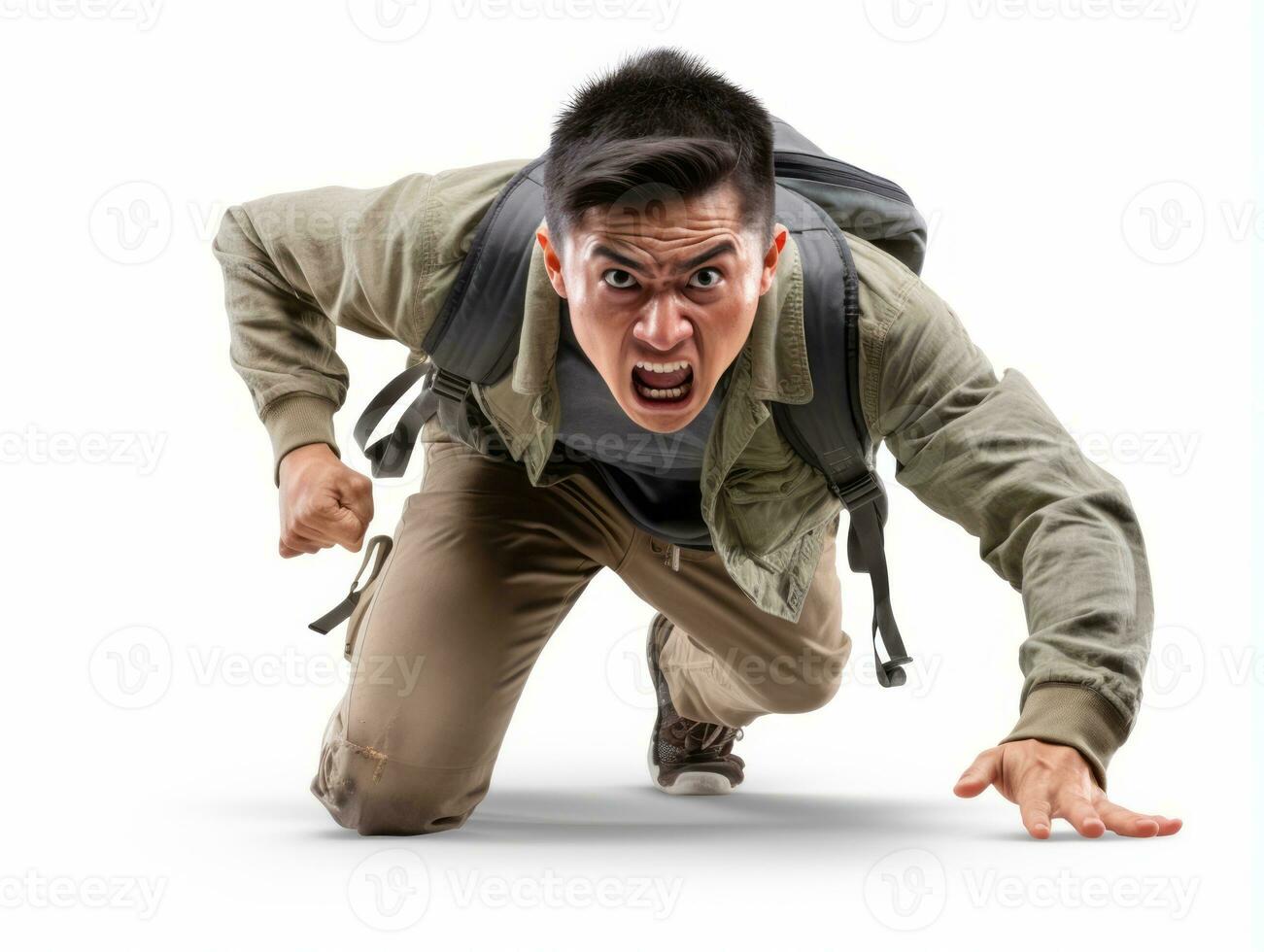 Asian man in emotional dynamic pose on white background AI Generative photo