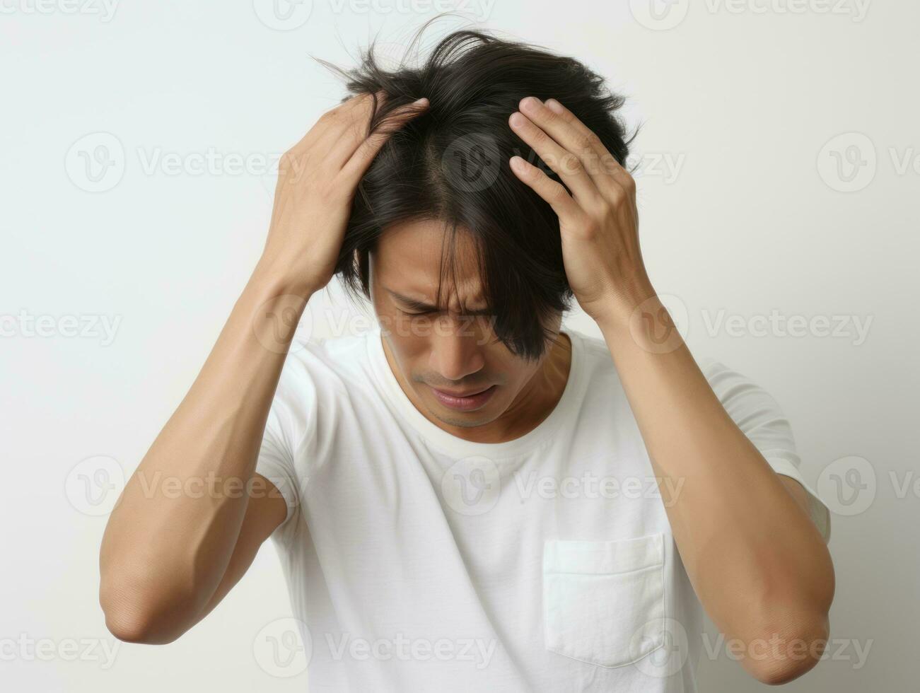 Asian man in emotional dynamic pose on white background AI Generative photo
