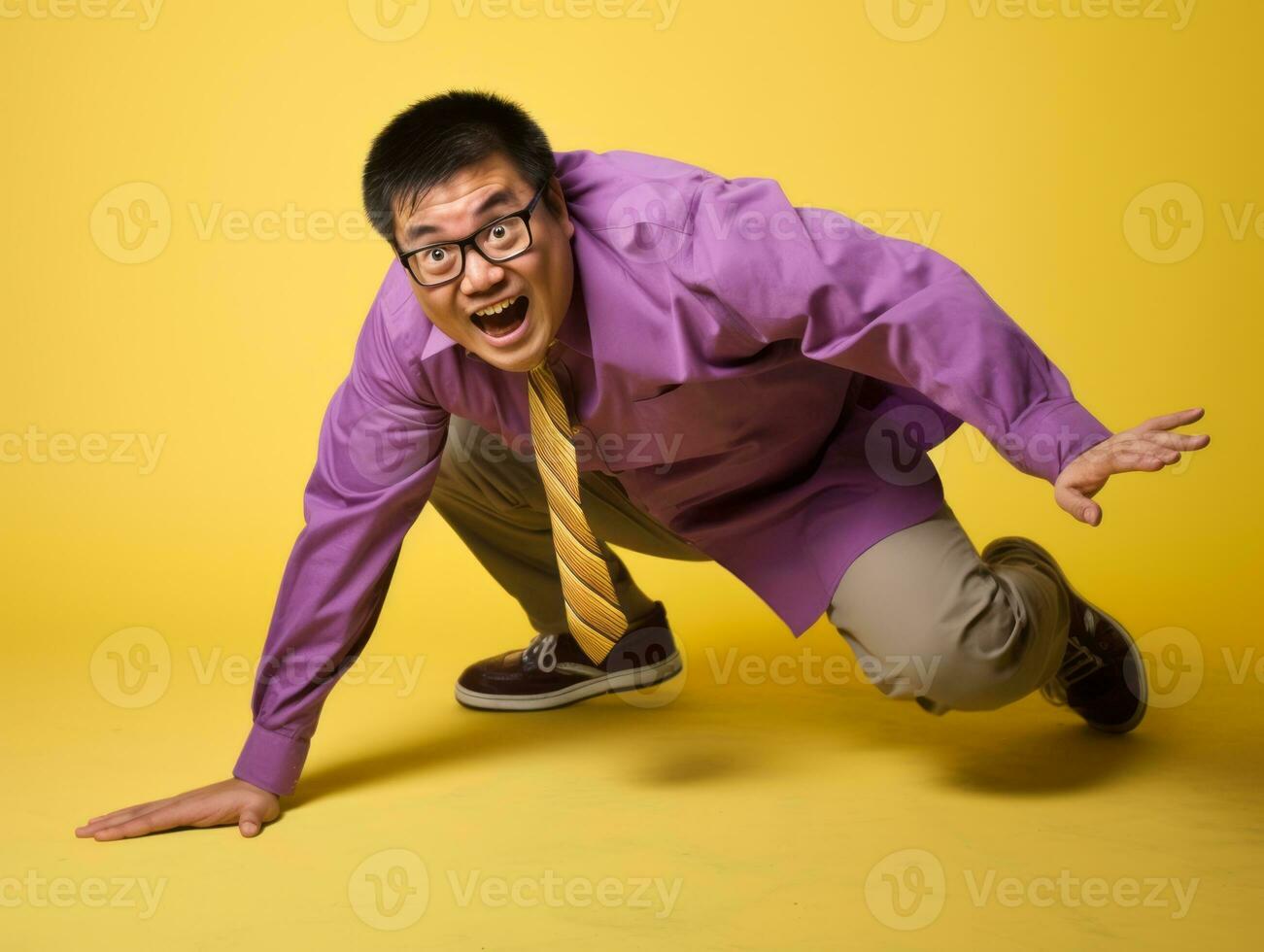 Asian man in playful pose on solid background AI Generative photo