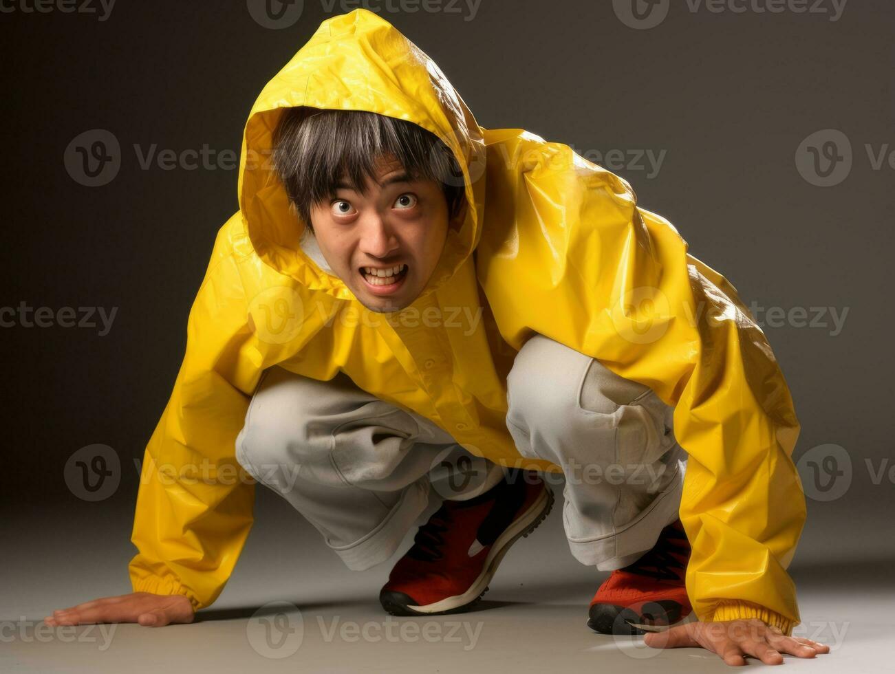 Asian man in playful pose on solid background AI Generative photo