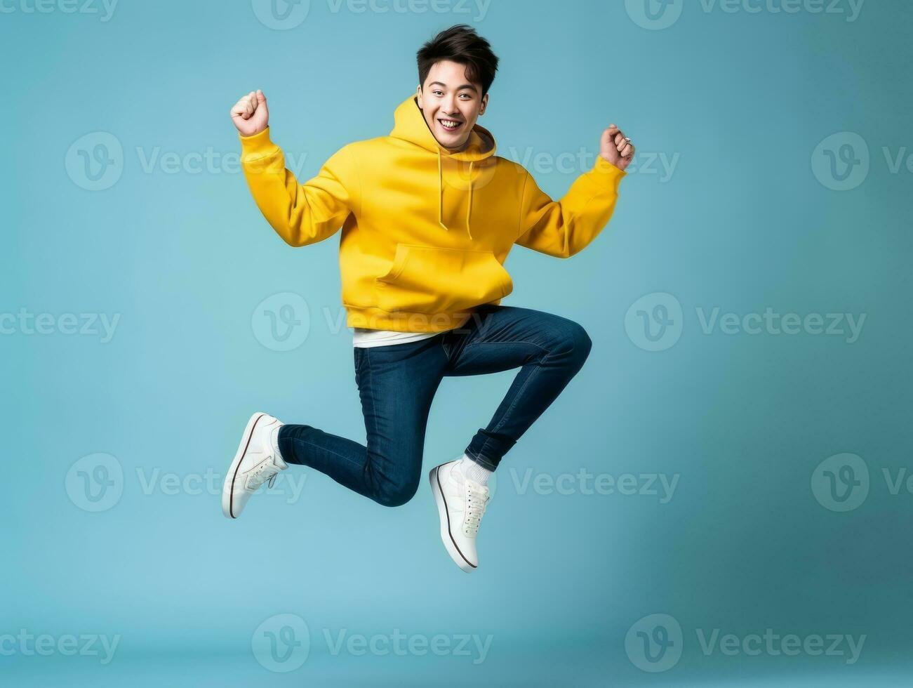 Asian man in playful pose on solid background AI Generative photo