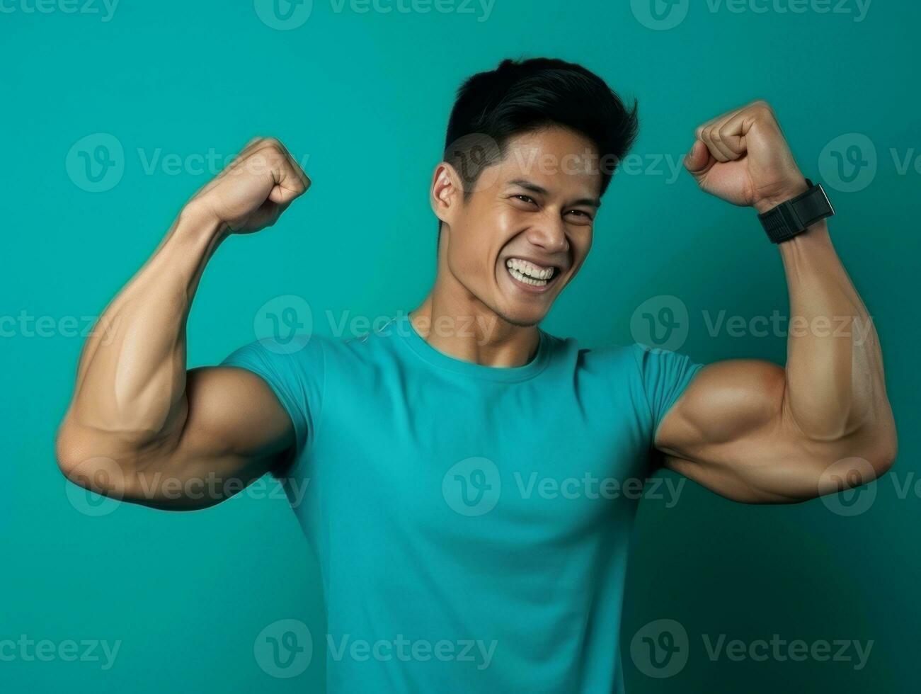 Asian man in playful pose on solid background AI Generative photo