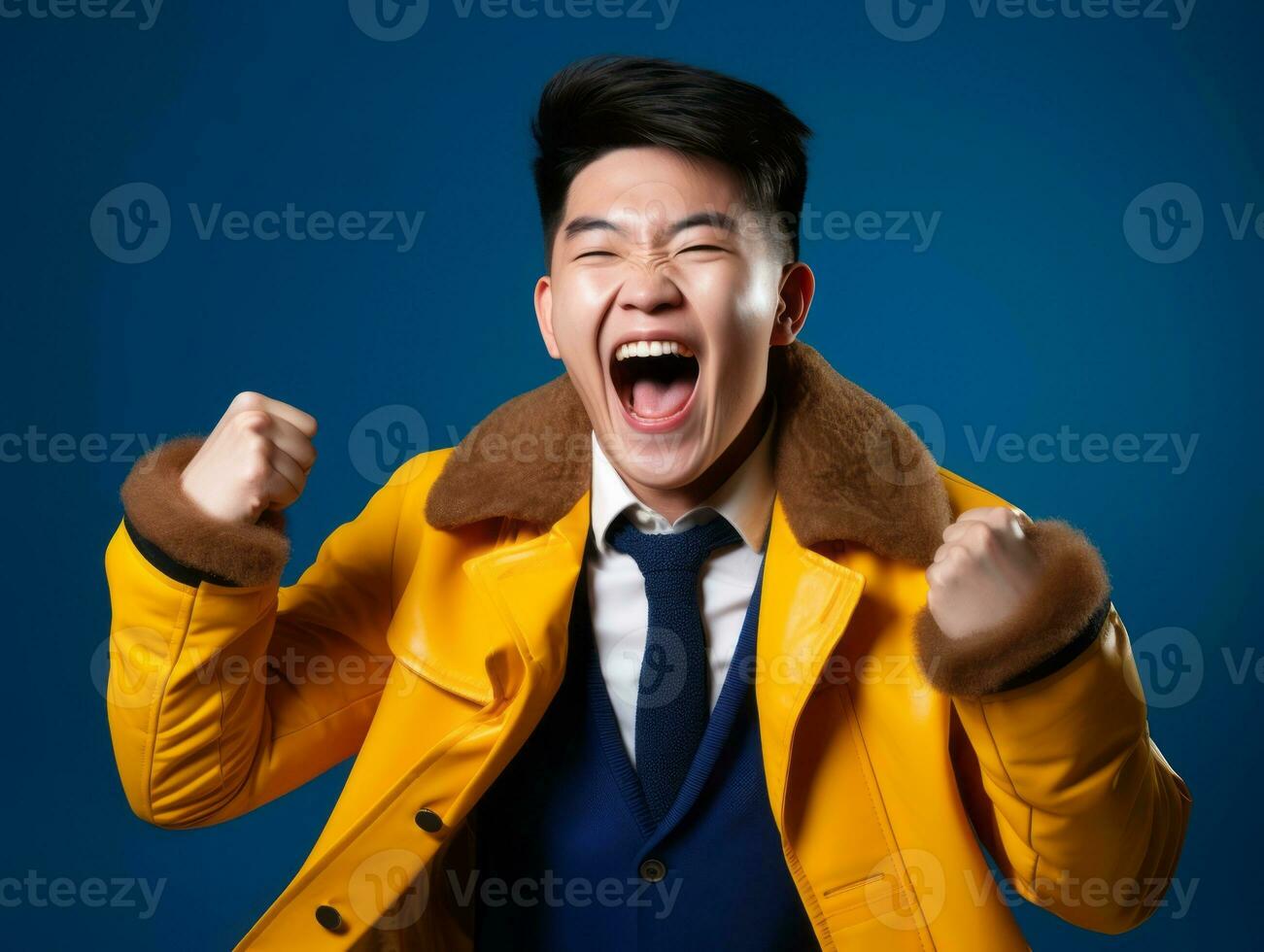 asiático hombre en juguetón actitud en sólido antecedentes ai generativo foto