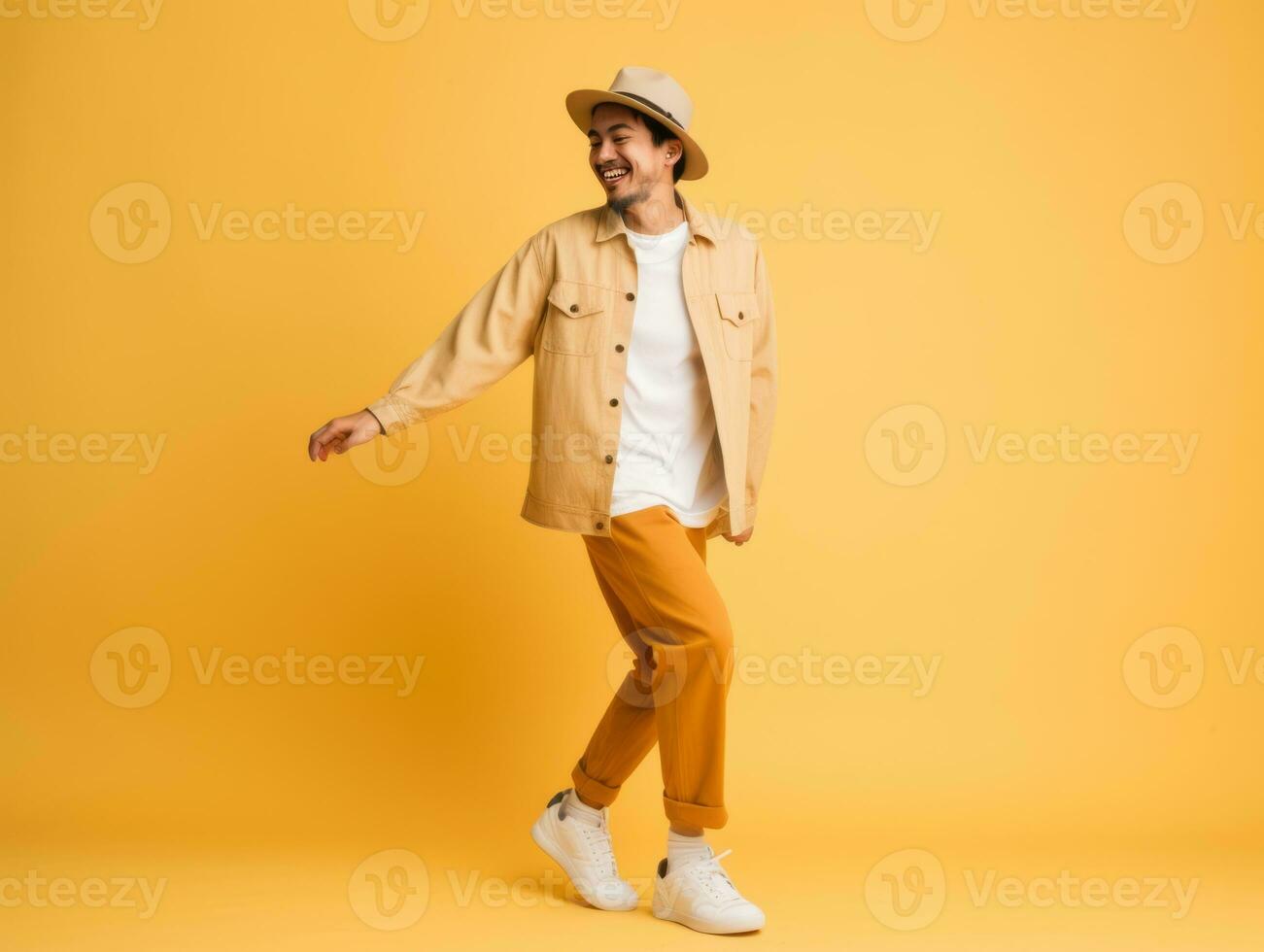 Asian man in playful pose on solid background AI Generative photo