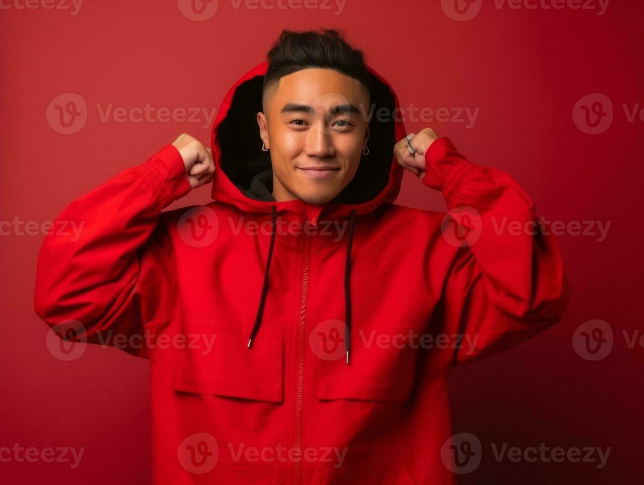Asian man in playful pose on solid background AI Generative photo