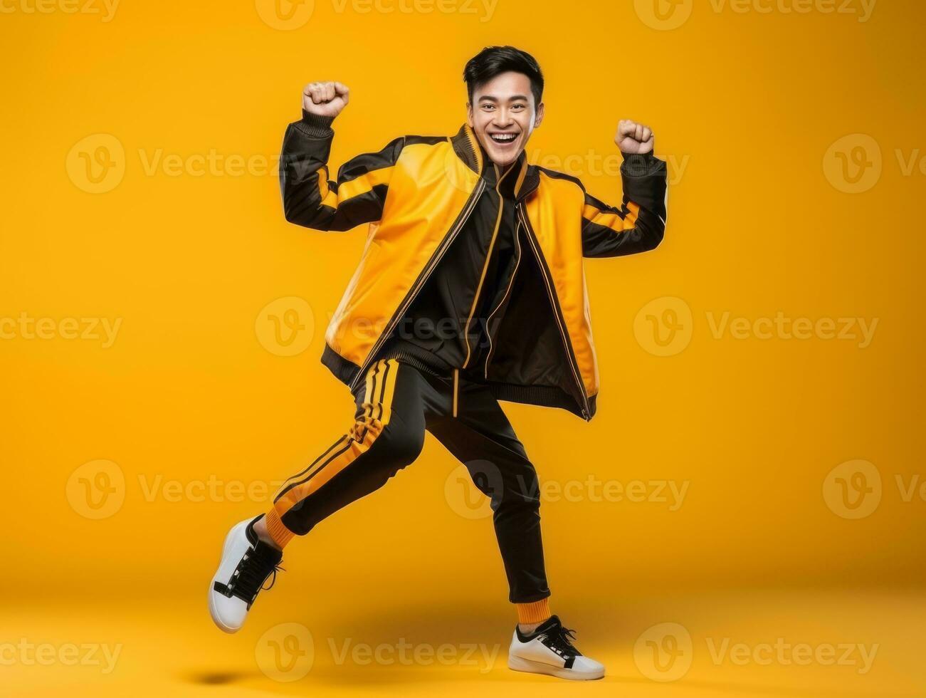 Asian man in playful pose on solid background AI Generative photo