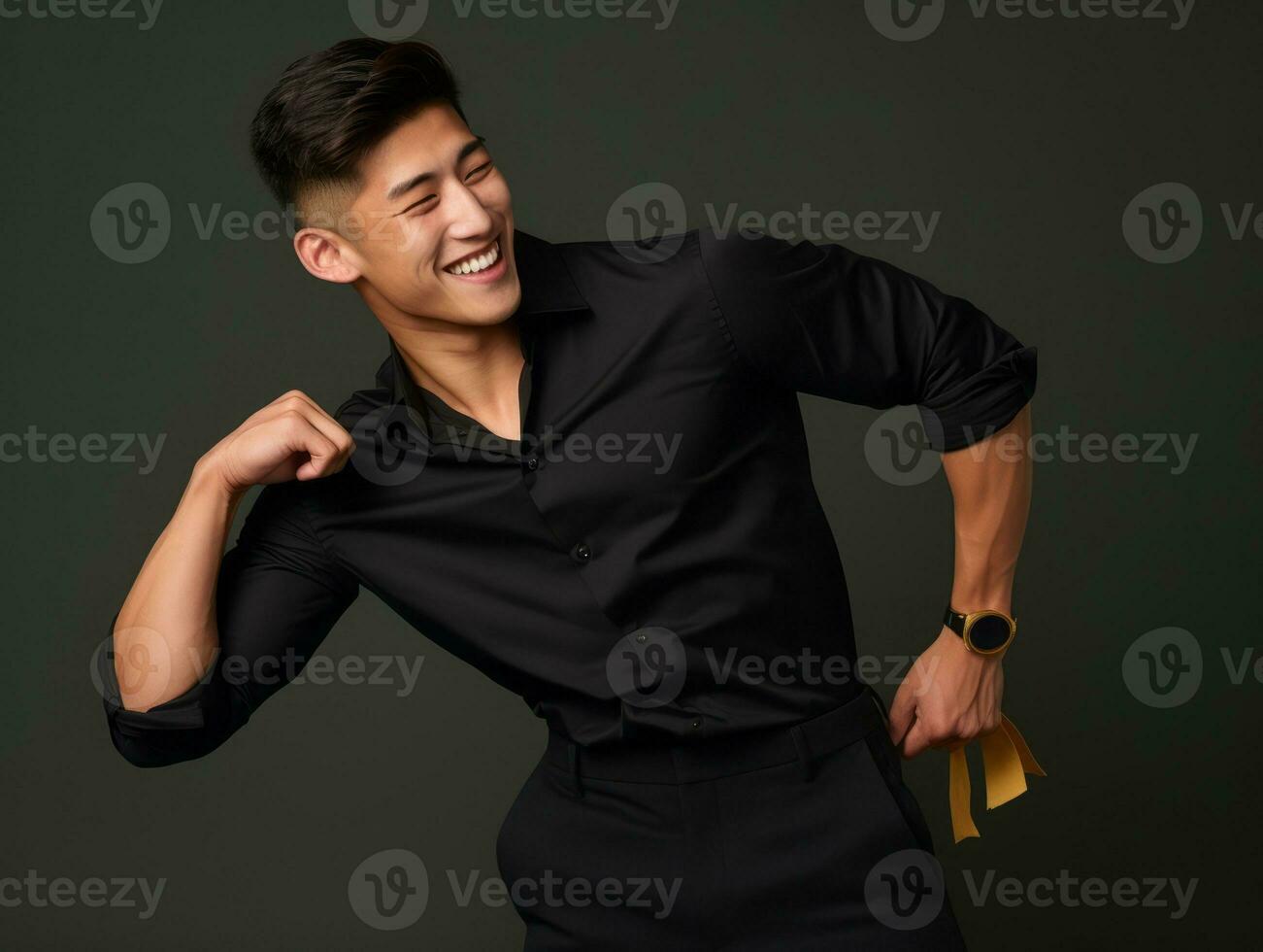 Asian man in playful pose on solid background AI Generative photo