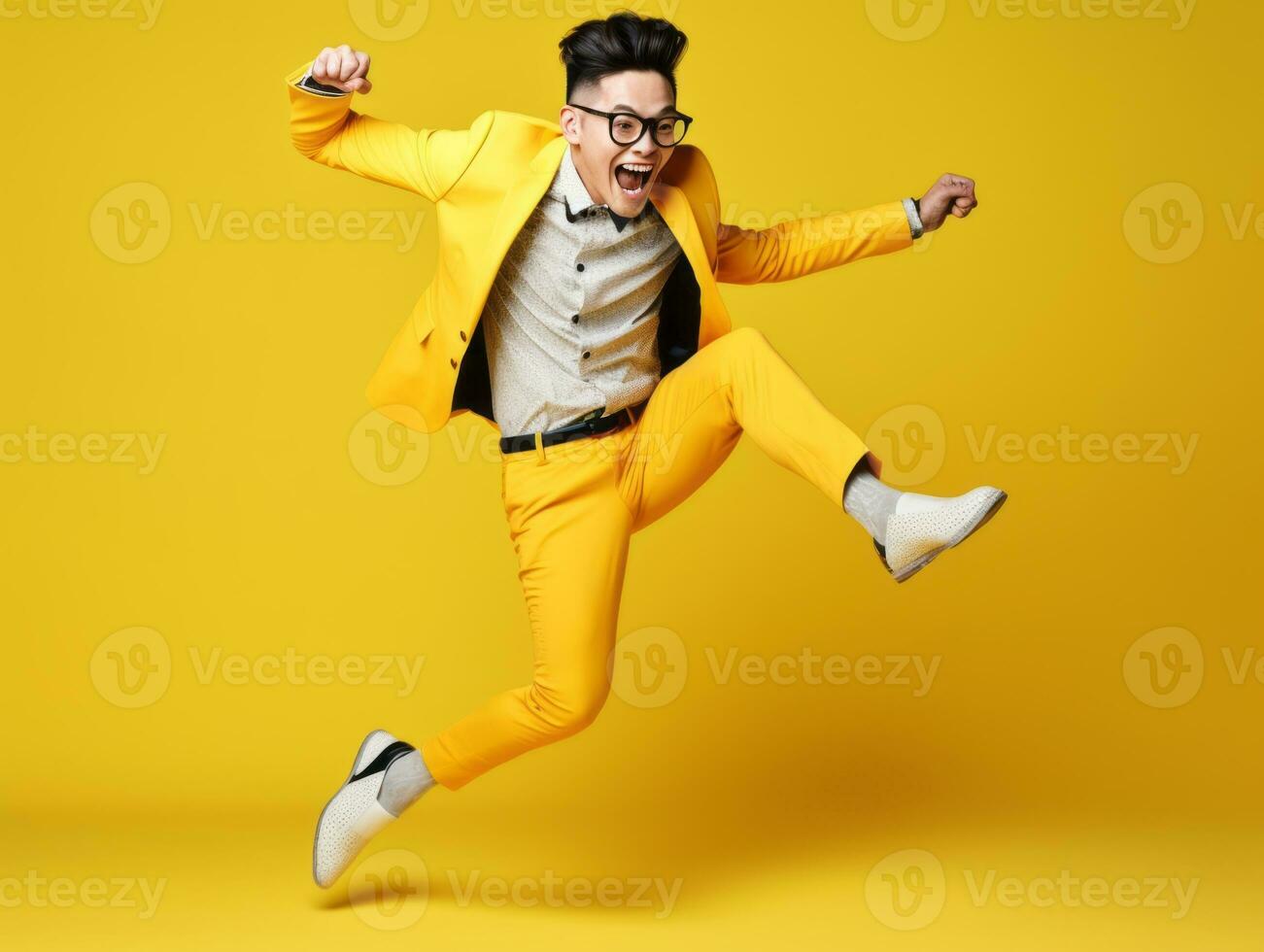 Asian man in playful pose on solid background AI Generative photo