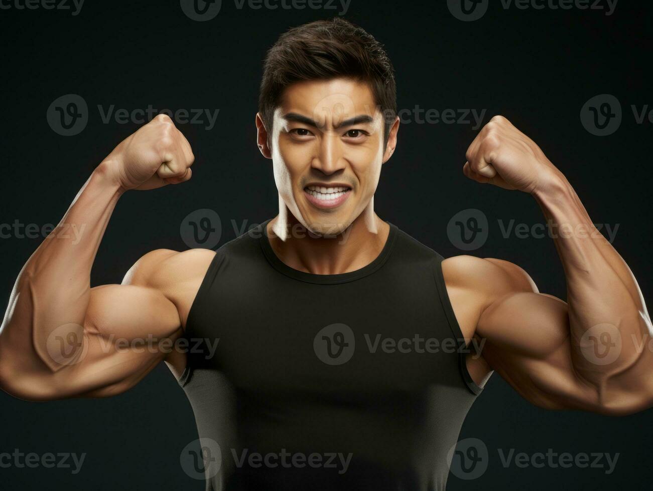 Asian man in playful pose on solid background AI Generative photo