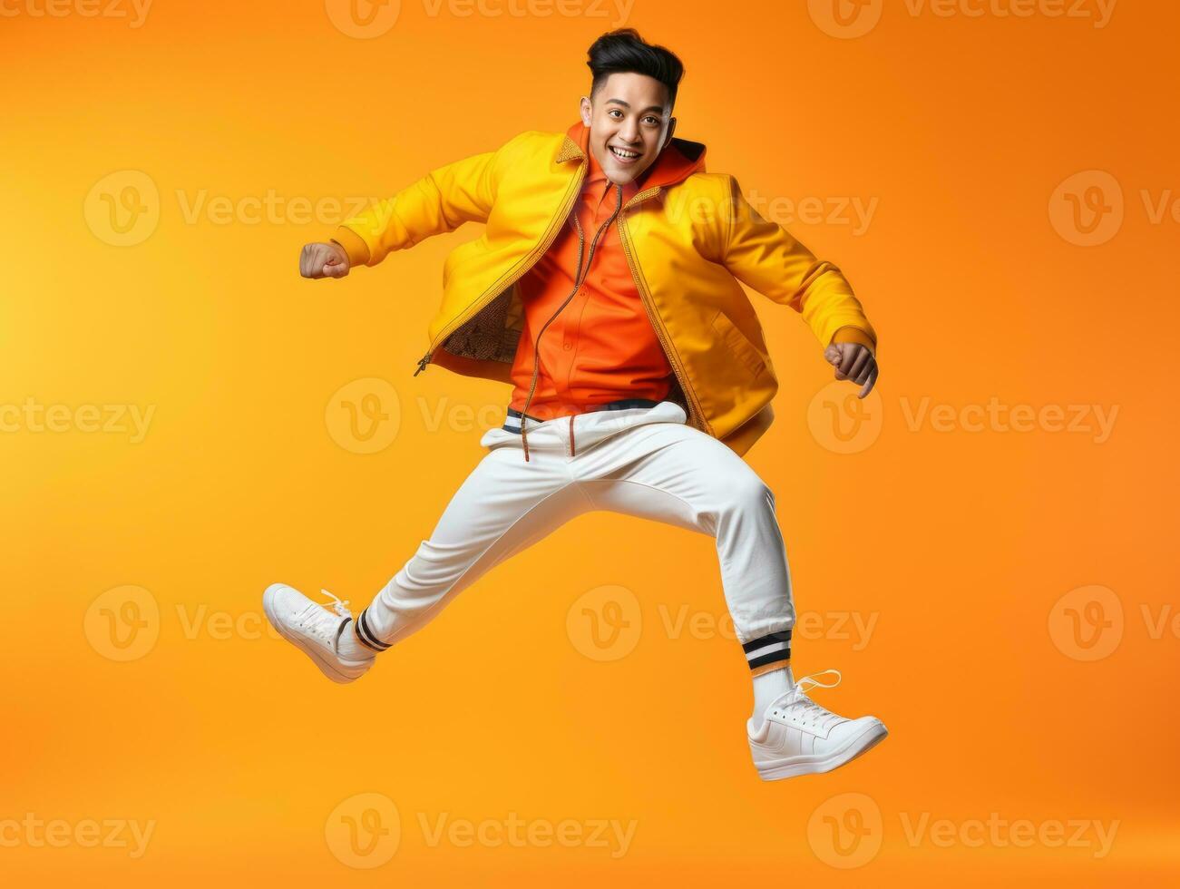 Asian man in playful pose on solid background AI Generative photo