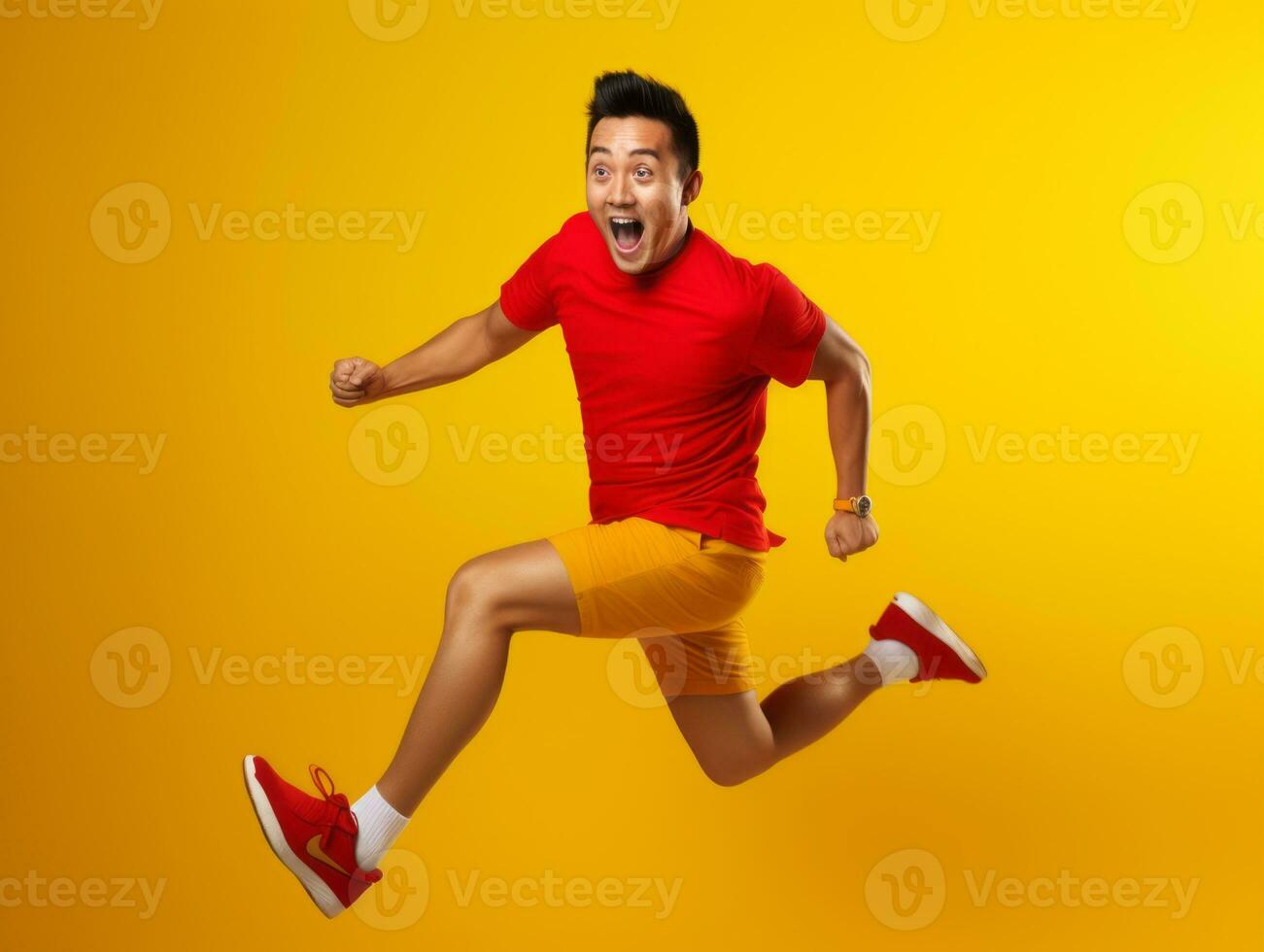 Asian man in playful pose on solid background AI Generative photo