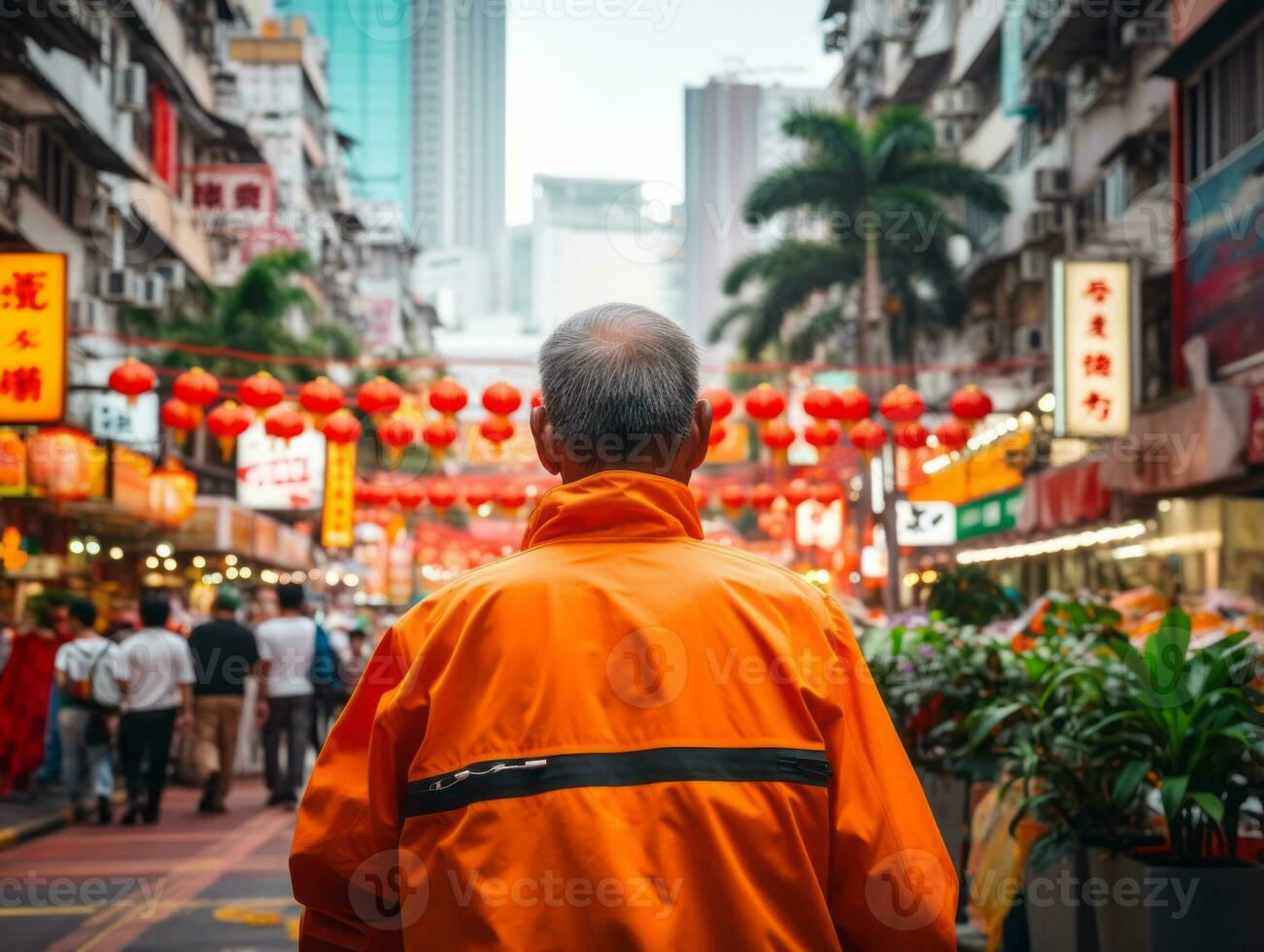 Man enjoys a leisurely stroll through the vibrant city streets AI Generative photo