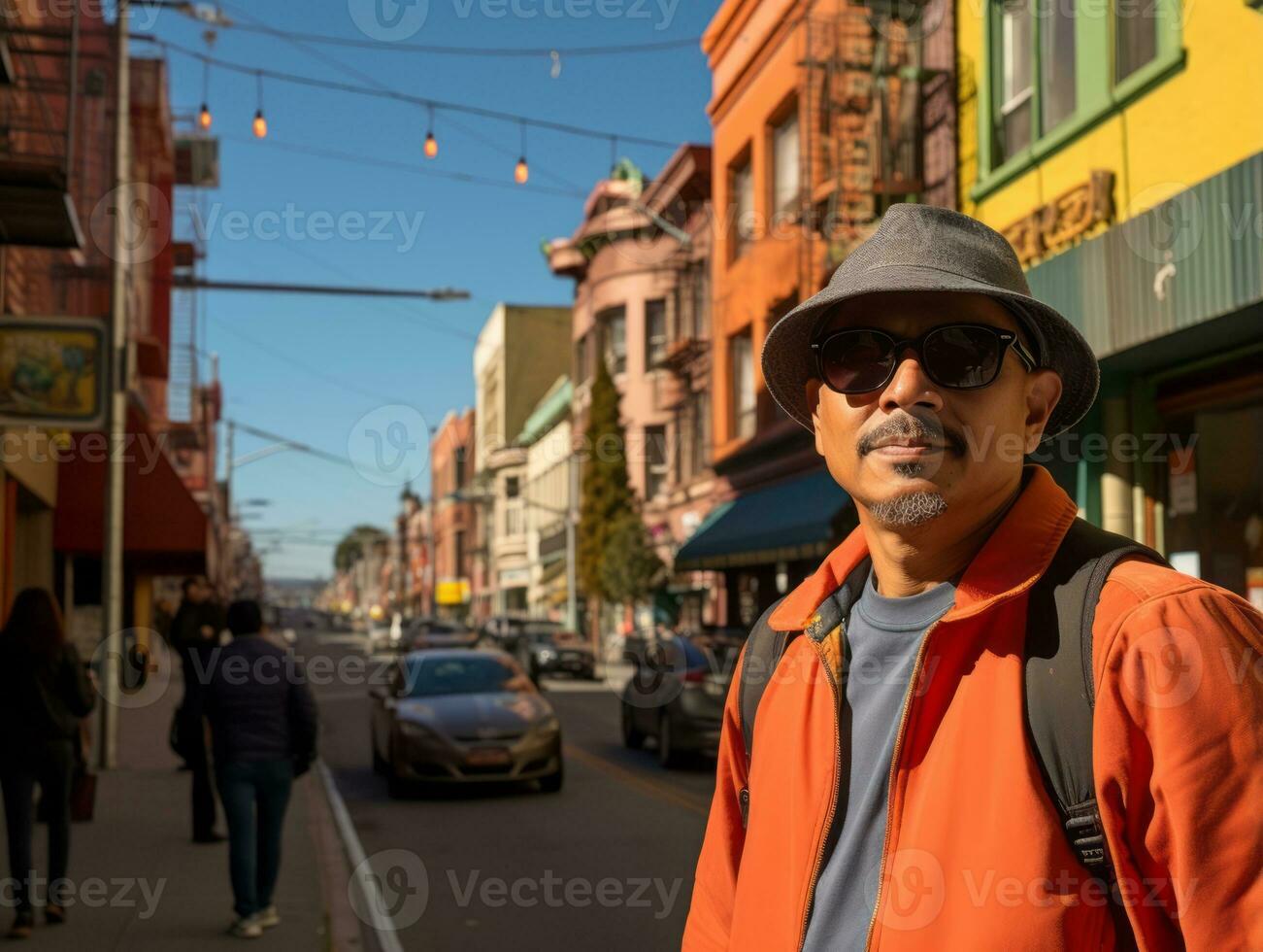 Man enjoys a leisurely stroll through the vibrant city streets AI Generative photo