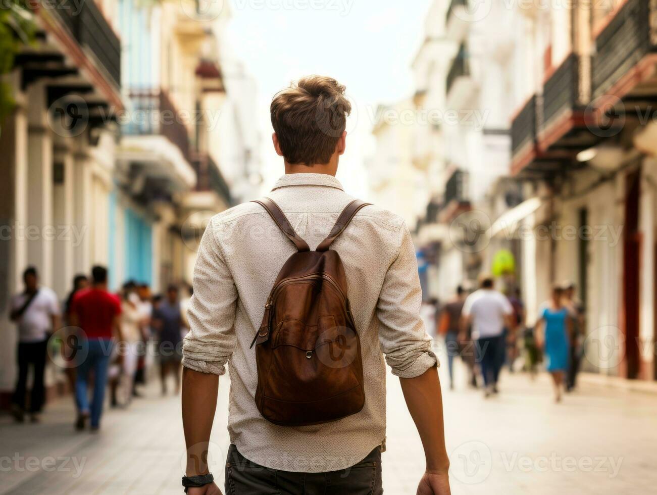 Man enjoys a leisurely stroll through the vibrant city streets AI Generative photo