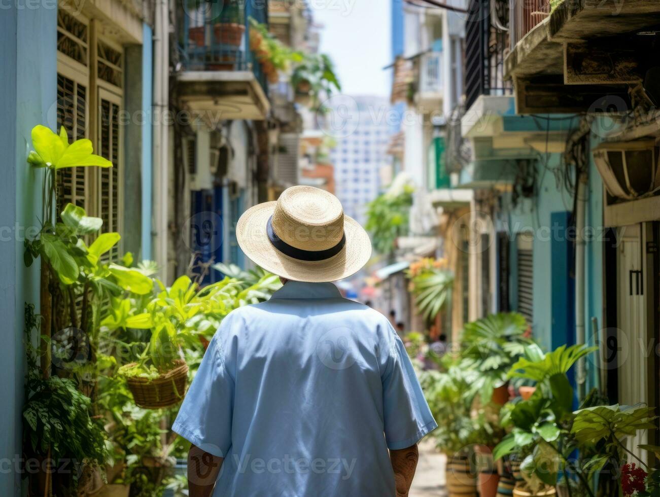 Man enjoys a leisurely stroll through the vibrant city streets AI Generative photo