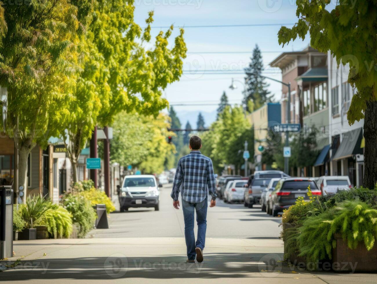 Man enjoys a leisurely stroll through the vibrant city streets AI Generative photo