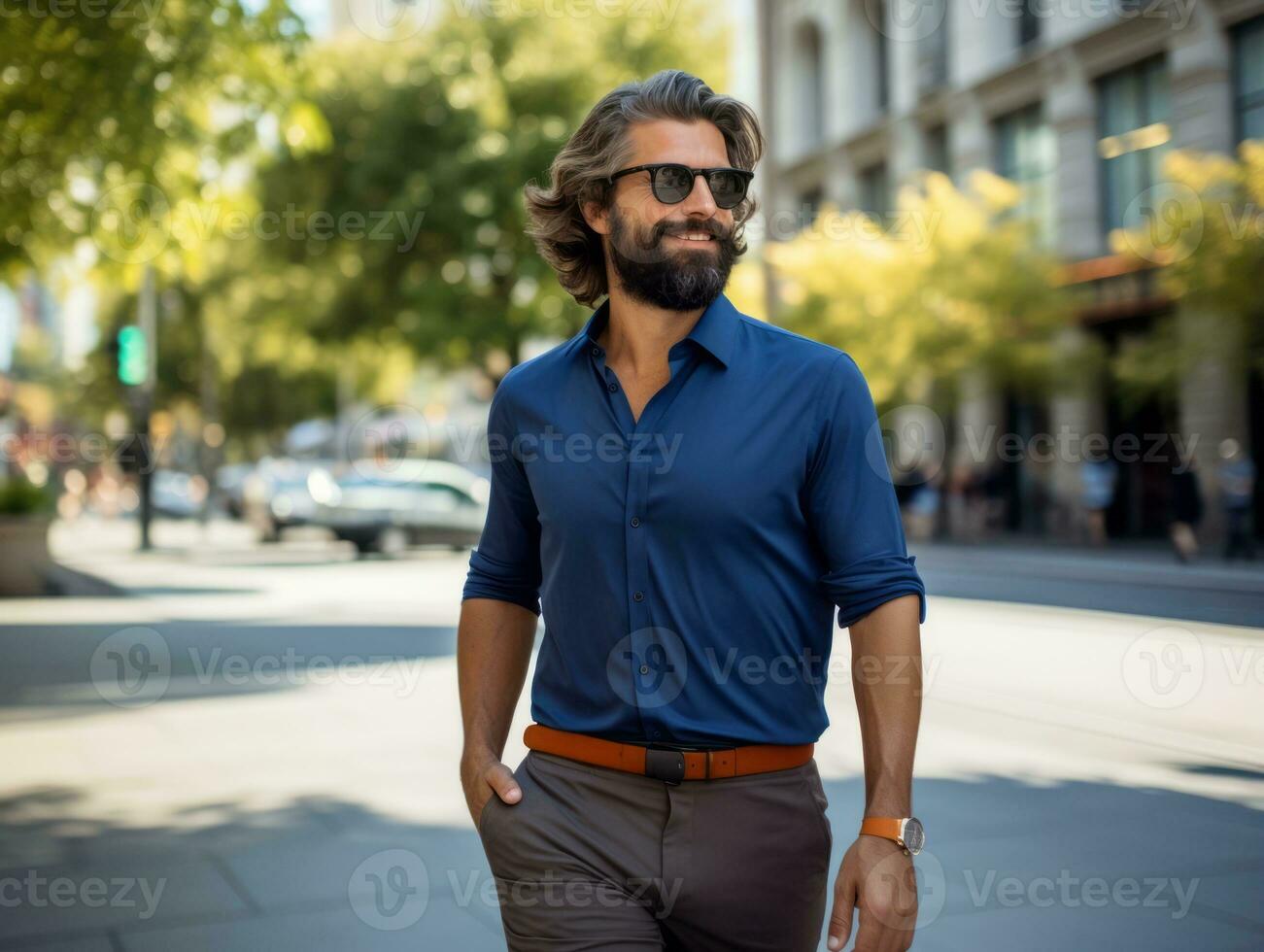 Man enjoys a leisurely stroll through the vibrant city streets AI Generative photo