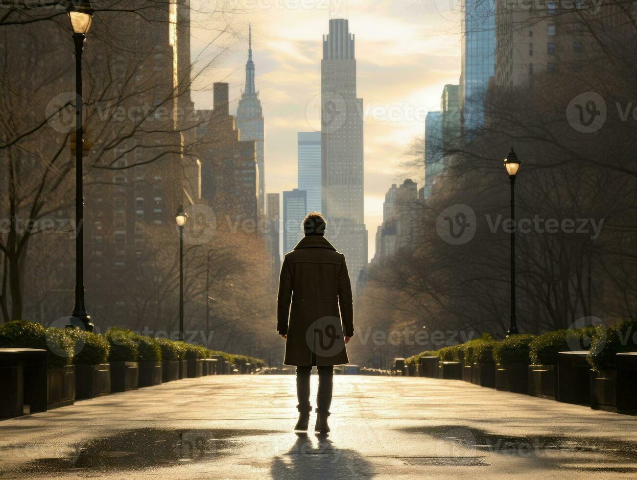 Man enjoys a leisurely stroll through the vibrant city streets AI Generative photo