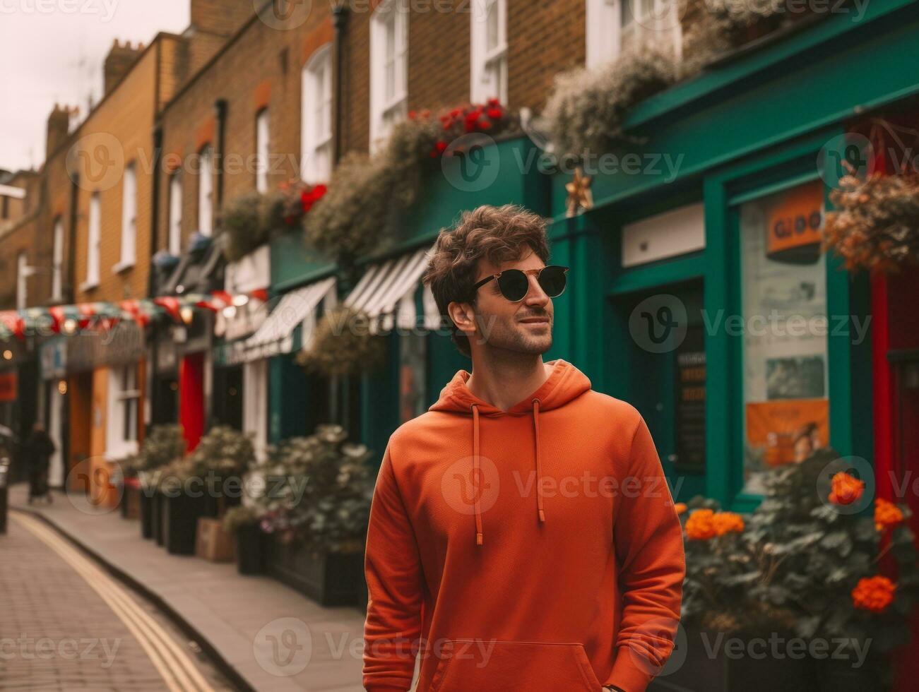 Man enjoys a leisurely stroll through the vibrant city streets AI Generative photo