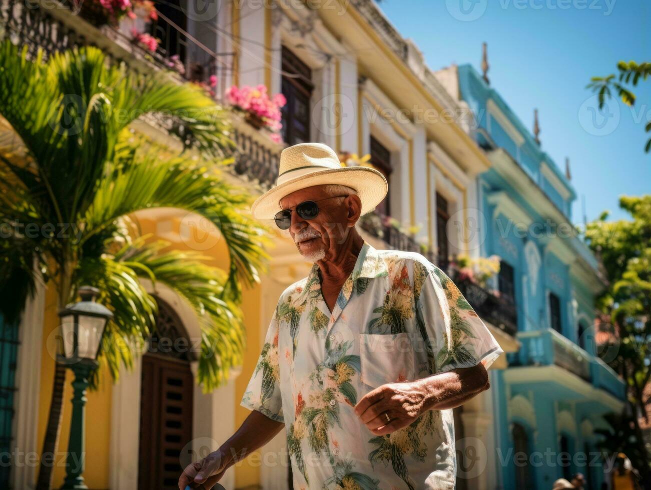 Man enjoys a leisurely stroll through the vibrant city streets AI Generative photo