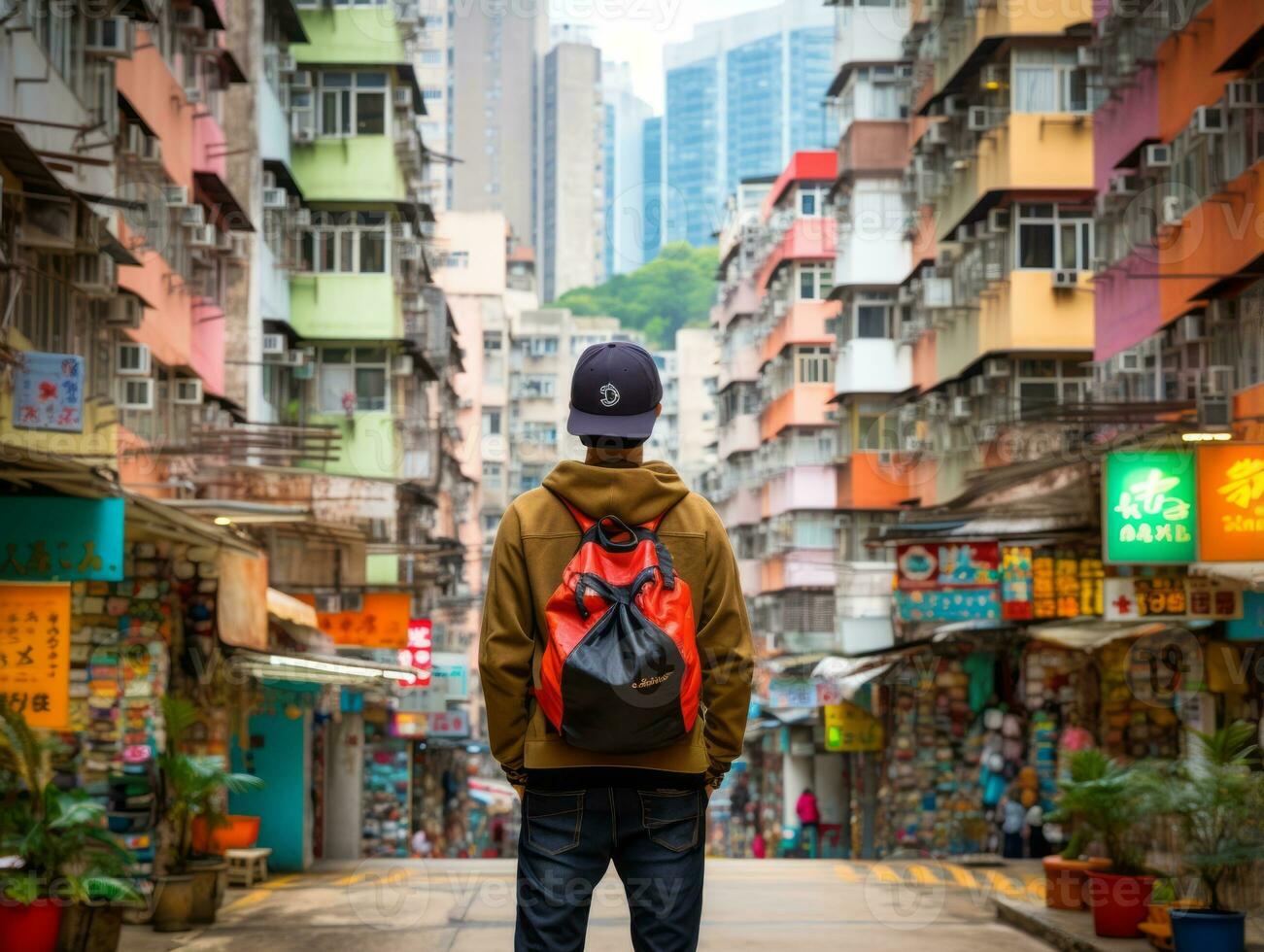 Man enjoys a leisurely stroll through the vibrant city streets AI Generative photo