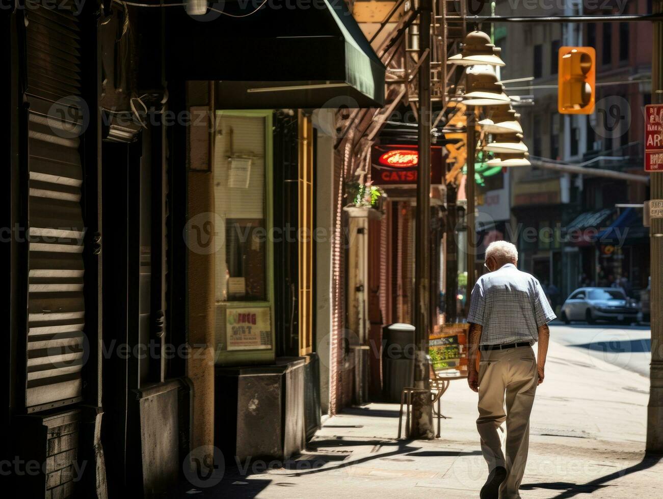 Man enjoys a leisurely stroll through the vibrant city streets AI Generative photo