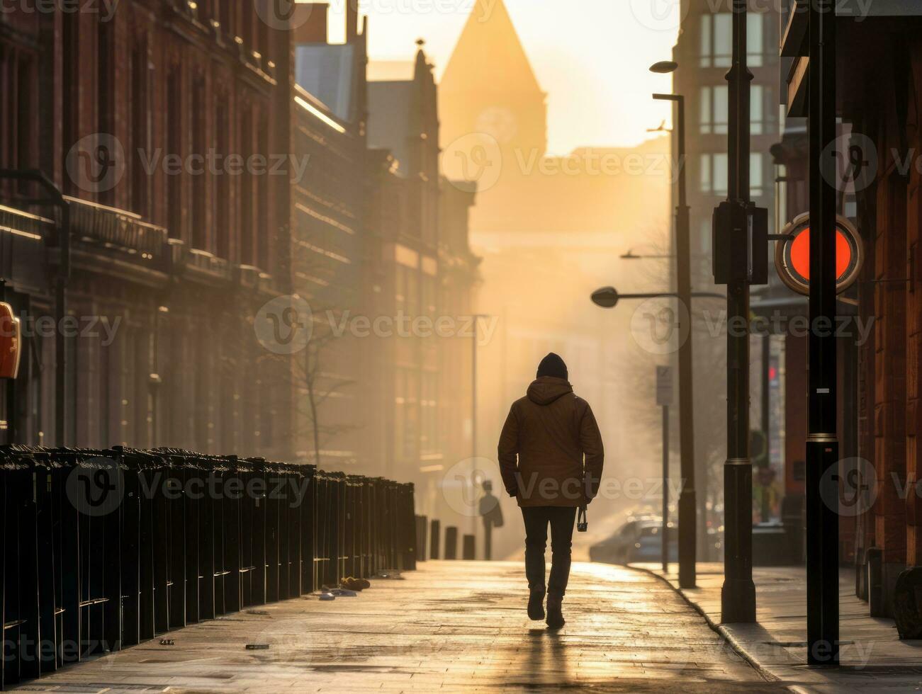 Man enjoys a leisurely stroll through the vibrant city streets AI Generative photo