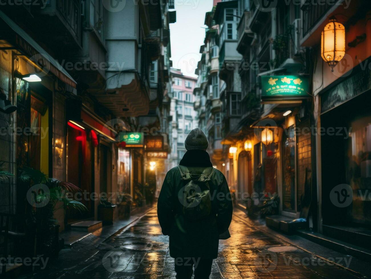 Man enjoys a leisurely stroll through the vibrant city streets AI Generative photo