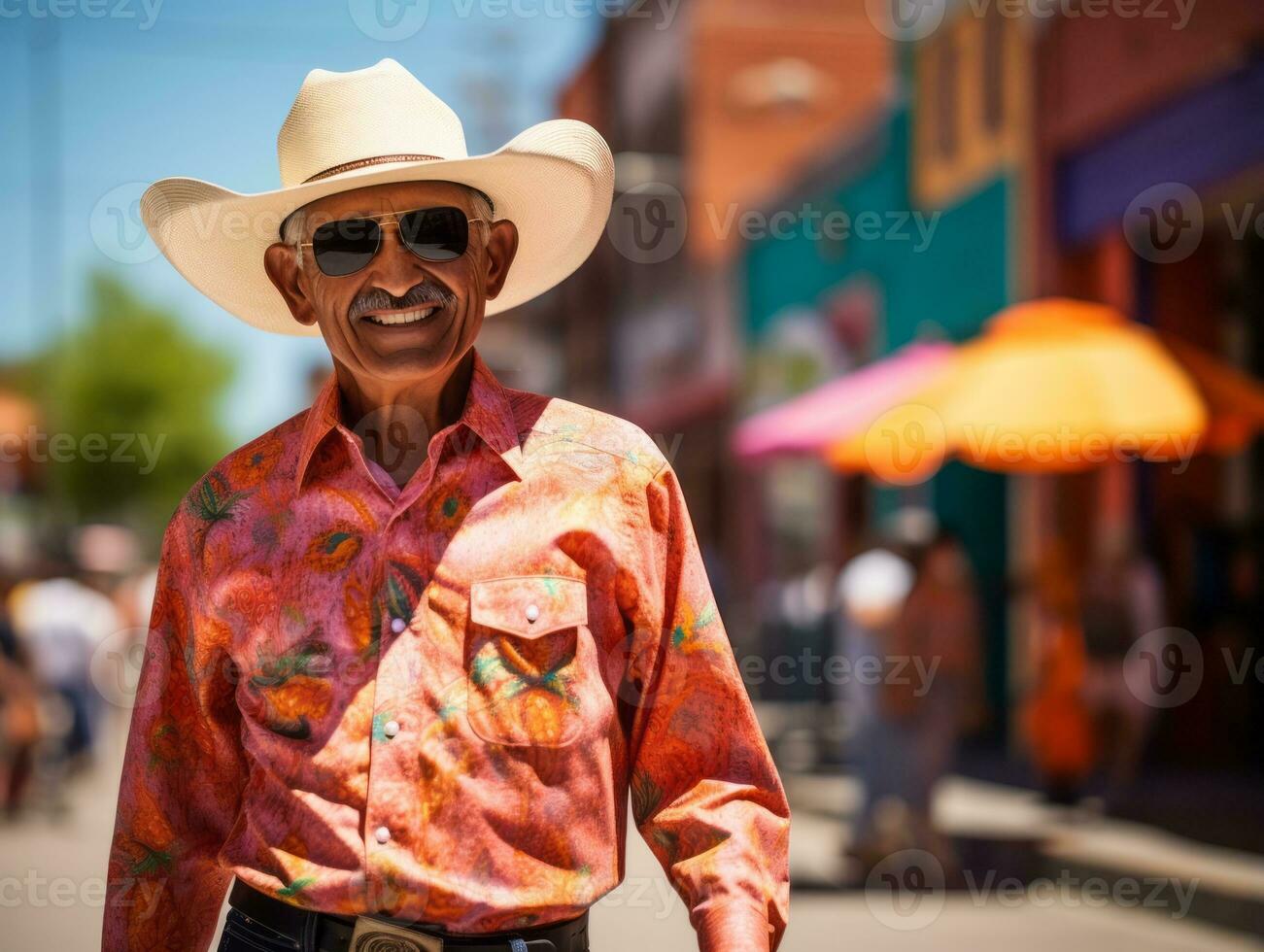 Man enjoys a leisurely stroll through the vibrant city streets AI Generative photo